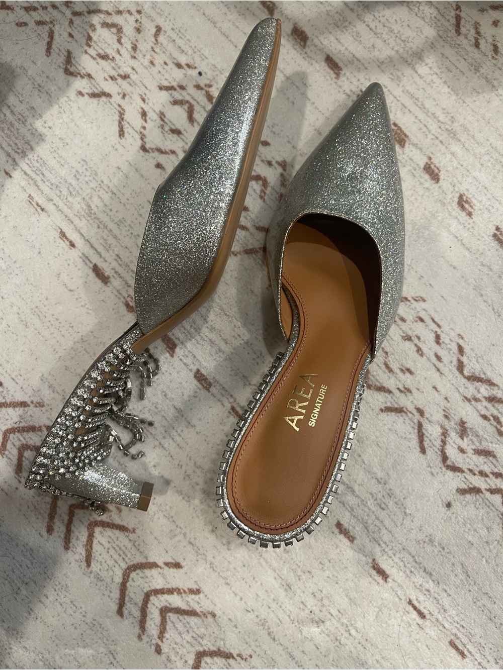 AREA Silver Glitter Pointed Mule with Crystal-Embellished Block Heel - Picture 3 of 6